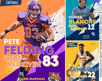 Custom Player Poster Canva Template | Senior Sports Poster, Baseball Background, Basketball Backdrop, Football Template