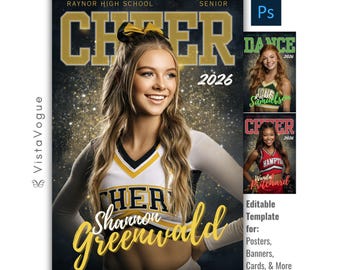 Cheerleading Poster Photoshop Template | Dance Poster, Cheer Banner, Memory Mate, Senior Night, Cheerleader Poster | Digital Background
