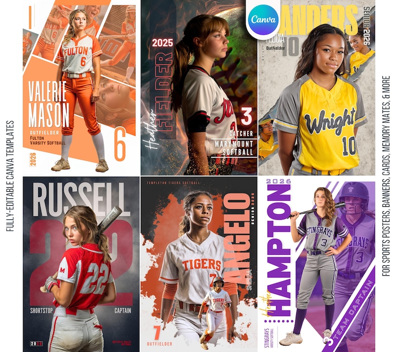 K&ouml;nnte beinhalten: Softball-Team-Poster-Vorlagen mit Spielerportr&auml;ts. Jedes Design enth&auml;lt Spielernamen, Nummern, Teamnamen und Positionen. Die Vorlagen sind in verschiedenen Farben gehalten und enthalten Texte wie "Fulton Varsity Softball" und "Tigers".