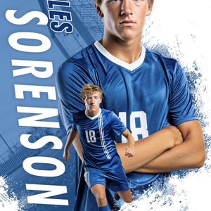 May include: A blue soccer poster featuring a young man in a blue jersey with the number 18. The poster includes the name "Miles Sorenson", the year "2026", and the text "Griffin Hill Soccer Midfielder". A soccer ball is at the bottom.