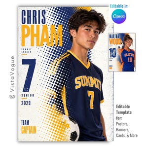May include: A digital sports poster template featuring a soccer player in a navy blue and yellow jersey with the number 7. The design includes the text CHRIS PHAM, SUMMIT SOCCER, 7, SENIOR 2029, and TEAM CAPTAIN, with a halftone dot pattern background.