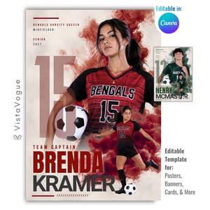 Könnte beinhalten: Eine bearbeitbare digitale Vorlage für ein Fußballplakat mit einer Spielerin im rot-schwarz gestreiften Trikot mit der Nummer 15, dem Text Bengals, Team Captain Brenda Kramer und einem Fußball vor einem roten Rauchhintergrund.