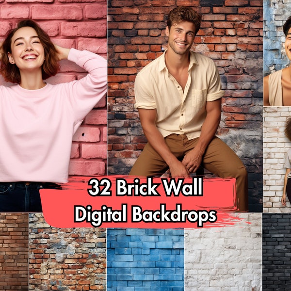 32 Brick Wall Digital Backdrops | Photography Backgrounds for Portraits, Bands, Street | White, Black, Red, Blue, Pink Bricks | Brick Photo