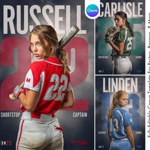 K&ouml;nnte beinhalten: Eine Vorlage f&uuml;r ein Softball-Team-Poster mit drei Spielern. Das Hauptbild zeigt eine Spielerin in einem rot-wei&szlig;en Trikot mit der Nummer 22. Der Text enth&auml;lt "RUSSELL", "SHORTSTOP" und "CAPTAIN". Zus&auml;tzliche Spieler sind in gr&uuml;nen und blauen Trikots abgebildet.