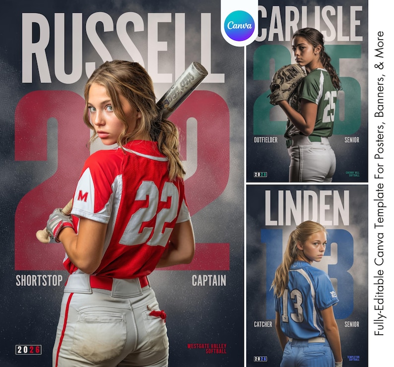 K&ouml;nnte beinhalten: Eine Vorlage f&uuml;r ein Softball-Team-Poster mit drei Spielern. Das Hauptbild zeigt eine Spielerin in einem rot-wei&szlig;en Trikot mit der Nummer 22. Der Text enth&auml;lt "RUSSELL", "SHORTSTOP" und "CAPTAIN". Zus&auml;tzliche Spieler sind in gr&uuml;nen und blauen Trikots abgebildet.