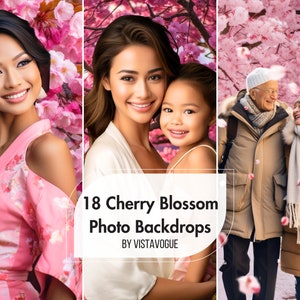 May include: Three people stand in front of a backdrop of pink cherry blossoms. The people are a young woman, a young girl, and an older couple. The text "18 Cherry Blossom Photo Backdrops BY VISTAVOGUE" is in the center of the image.