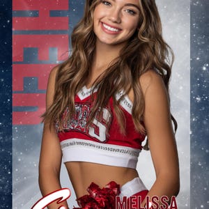 May include: A smiling cheerleader in a red and white uniform, holding red pom-poms. The image includes the text "CHEER" in large red letters, the name "Melissa Garcia", and the text "2026 Senior". The background is a starry blue.