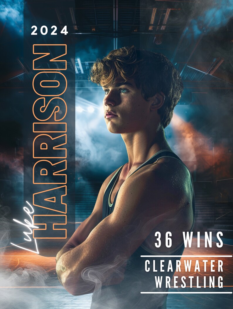 May include: A promotional poster for Luke Harrison, a wrestler. The poster features a portrait of Harrison, with the text "2024" and "Luke Harrison" in an orange font. The poster also includes the text "36 Wins" and "Clearwater Wrestling".