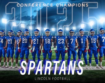 May include: A group of football players in blue uniforms stand in a line on a field. They are all smiling and looking at the camera. The words "CONFERENCE CHAMPIONS 2023" are written in white letters on a blue background behind them. The words "SPARTANS" are written in white letters on a blue background below them. The words "LINCOLN FOOTBALL" are written in white letters on a blue background below the word "SPARTANS".