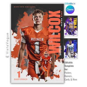 May include: A digital sports poster template featuring a football player in an orange jersey with the number 1, text reading REINER REED HIGH SCHOOL, SAMUEL WILCOX, SENIOR 2026, and QUARTERBACK. Includes smaller examples of purple and blue team designs.