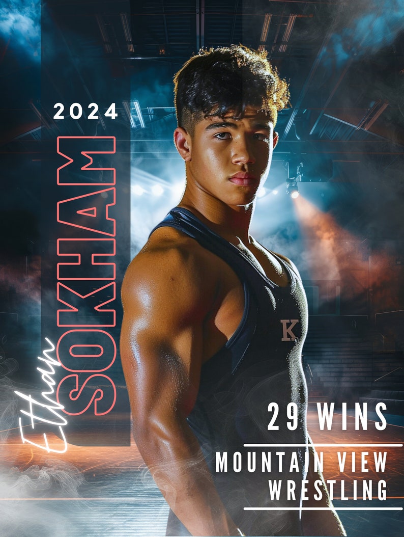 May include: A promotional image for Ethan Sokham, a wrestler, featuring the text "2024" and "29 Wins." He is wearing a navy blue singlet with a "K" logo. The words "Mountain View Wrestling" are also displayed. The background has a blue and orange color scheme.