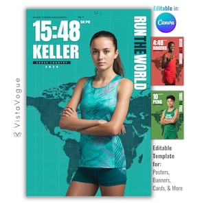 May include: A digital poster template featuring a teal background with a world map graphic, white text reading 15:48 KELLER CROSS COUNTRY 2026 RUN THE WORLD, and a central image of an athlete in a teal tank top and shorts, with additional smaller design variations.