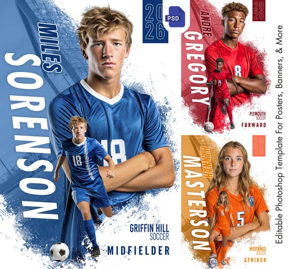 Soccer Poster Photoshop Template | Custom Sports Banner, Senior Night Poster, Memory Mate, Player Card, Soccer Banner, Digital Background