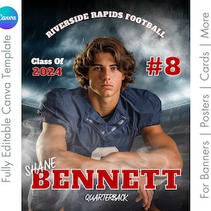 Football Player Canva Template | Editable High School Senior Sports Poster & Banner | Digital Background For Memory Mates, Cards, and Photos