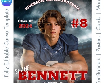 Football Player Canva Template | Editable High School Senior Sports Poster & Banner | Digital Background For Memory Mates, Cards, and Photos