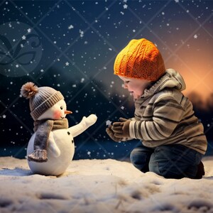 Encantador telón de fondo digital del campo de invierno del muñeco de nieve / fondo digital nevado para la fotografía navideña, ideas festivas de accesorios fotográficos de tarjetas navideñas