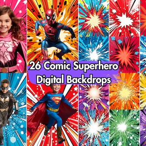 Könnte beinhalten: Ein Set mit 26 digitalen Comic-Hintergründen mit Superhelden-Motiven. Die Hintergründe sind farbenfroh und zeigen eine Vielzahl von Comic-Elementen wie Sprechblasen, Soundeffekte und Explosionen. Die Hintergründe eignen sich perfekt zum Erstellen von individuellen Comic-Covern, Postern oder anderen kreativen Projekten.