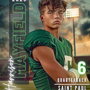 May include: A football player wearing a green jersey with the number 6, standing on a field. Text reads 2025, HARRISON MAYFIELD, QUARTERBACK, SAINT PAUL FOOTBALL. The background shows stadium lights against a sunset sky, creating a sports portrait.