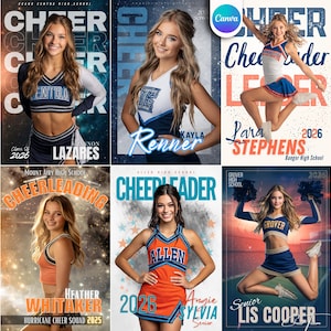 Pacote com 8 Modelos de Cheerleading no Canva | Para Cartazes de Dança Personalizados, Banners de Líderes de Torcida, Companheiros de Memória, Cartazes de Esportes para a Terceira Idade | Cenários para Líderes de Torcida