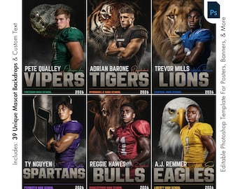 Football Poster Photoshop Template | 42 Mascot Backgrounds | Custom Sports Banner, Memory Mate & Player Cards | PSD