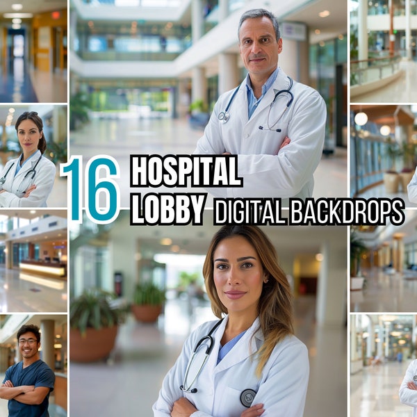 16 Modern Hospital Lobby Digital Backdrops for Business Headshots & Doctor Portrait | Soft Blur Background | Resume Photo | Branding Overlay