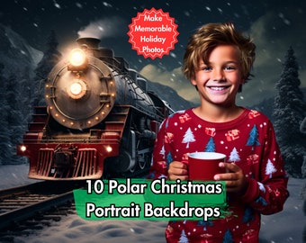 10 Christmas Backdrops For Photos | Snowy Polar Train | Digital Background for Kids X-Mas Portraits | Express Holiday & Portrait Photography