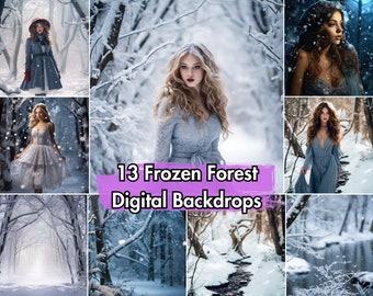 13 Enchanted Winter Forest Digital Backdrops | Snowy Wonderland for Winter Portraits & Photoshoots | Winter Tree and Snow Picture Background