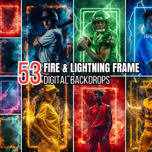 May include: 53 digital backdrops featuring fire and lightning frames. The backdrops are in various colours, including red, orange, yellow, green, and blue. The frames are all different shapes and sizes, and some have a glowing effect. The backdrops are perfect for adding a dramatic and exciting touch to your photos.