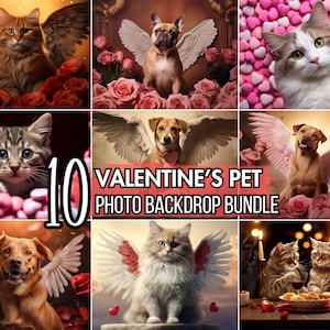 Lot de 10 toiles de fond numériques pour portraits d'animaux de compagnie de la Saint-Valentin : pour des portraits de chiens et de chats personnalisés | Carte de Saint-Valentin personnalisée et retouche photo