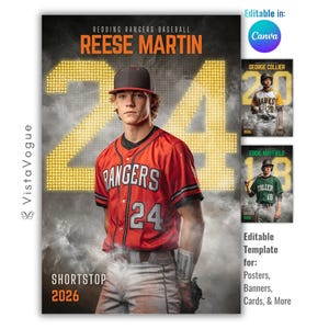May include: A digital sports poster template featuring a baseball player in a red jersey with the text REESE MARTIN, REDDING RANGERS BASEBALL, 24, and SHORTSTOP 2026. The background includes a large glowing number 24 and smoke effects.