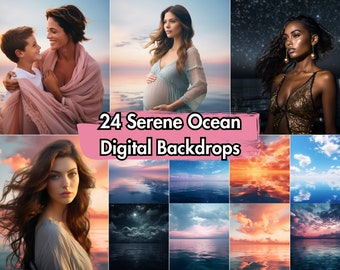 24 Serene Ocean Digital Backdrops | Photography Backgrounds for Portraits, Maternity, Engagement, Couples Photoshoots | Water, Sunset, Ocean