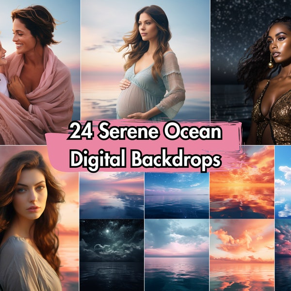 24 Serene Ocean Digital Backdrops | Photography Backgrounds for Portraits, Maternity, Engagement, Couples Photoshoots | Water, Sunset, Ocean
