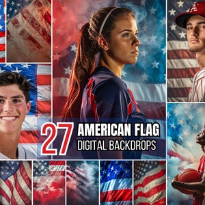 May include: A collage of 27 digital backdrops featuring American flag designs. The backdrops are perfect for adding a patriotic touch to photos and videos. The backdrops feature a variety of designs, including classic American flags, waving flags, and flags with smoke effects.