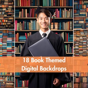 18 boekenplankachtergronden, digitale fotografieachtergrond met boekthema, afstuderen, jaarboek, boekenkast, ideaal voor afstudeerfoto's en boekachtergrond