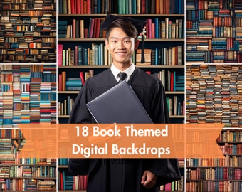 18 Bookshelf Backdrops, Book Themed Digital Photography Background, Graduation, Yearbook, Bookcase, Ideal for Grad Photos & Book Backdrop