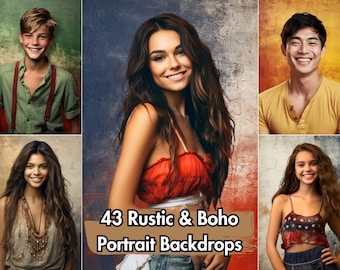 43 Rustic Backdrops | American Boho | Digital Photo Grunge Background | Portrait Photography | Texture Gray, Red White & Blue, Yellow, Green