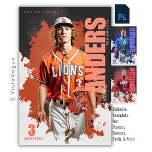 Modèle Photoshop de baseball | Affiche sportive personnalisée, bannière pour soirée des aînés, cadeau souvenir et carte de joueur de baseball | Arrière-plan d'équipe de baseball