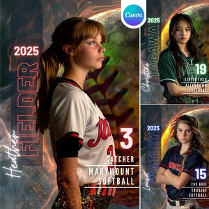 K&ouml;nnte beinhalten: Eine Canva-Vorlage f&uuml;r Softball mit drei Spielerinnen. Das Hauptbild zeigt eine Spielerin in einem wei&szlig;en Trikot mit roten Akzenten, dem Text "Heather Fielder 2025" und "Marymount Softball". Zwei weitere Spielerinnen sind mit ihren Namen, Positionen und Teamnamen abgebildet.