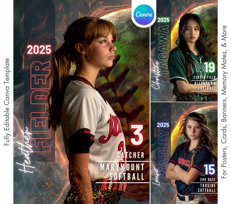 K&ouml;nnte beinhalten: Eine Canva-Vorlage f&uuml;r Softball mit drei Spielerinnen. Das Hauptbild zeigt eine Spielerin in einem wei&szlig;en Trikot mit roten Akzenten, dem Text "Heather Fielder 2025" und "Marymount Softball". Zwei weitere Spielerinnen sind mit ihren Namen, Positionen und Teamnamen abgebildet.