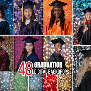 Könnte beinhalten: Eine Collage aus 48 digitalen Hintergründen mit verschiedenen glitzernden Hintergründen und Bokeh-Lichtern. Die Hintergründe sind ideal für Abschlussfotos. Der Text "48 Graduation Digital Backdrops" ist in Rot und Weiß dargestellt.