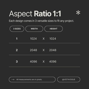 May include: A graphic showing three different sizes for a 1:1 aspect ratio design. The sizes are 1024 x 1024 pixels, 2048 x 2048 pixels, and 4096 x 4096 pixels. The text "All measurements are in pixels." is below the table.