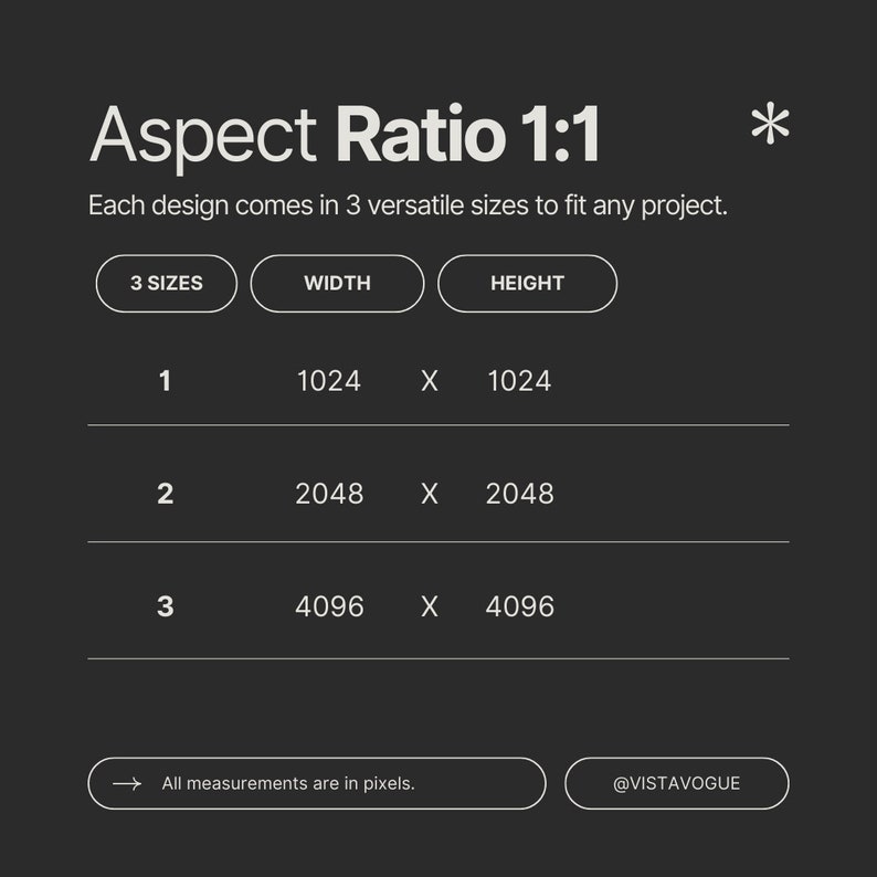 May include: A graphic showing three different sizes for a 1:1 aspect ratio design. The sizes are 1024 x 1024 pixels, 2048 x 2048 pixels, and 4096 x 4096 pixels. The text "All measurements are in pixels." is below the table.