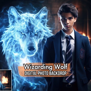 May include: A digital photo backdrop featuring a blue glowing wolf with a young man in a dark blue suit and tie standing in front of it. The text "Wizarding Wolf DIGITAL PHOTO BACKDROP" is at the bottom of the image.