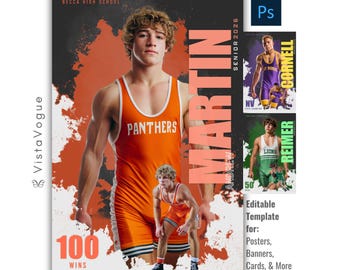 Wrestling Photoshop Template | Editable Wrestling Poster, Wrestler Banner, Memory Mate, Card | Sports Photography, Senior Night, Grad Gift