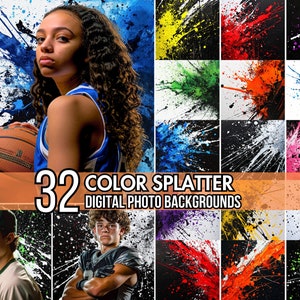 May include: 32 digital photo backgrounds with colorful paint splatters. The backgrounds are in various colors, including red, blue, green, yellow, and black.