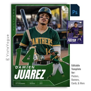 Op de afbeelding: Een sportposter-sjabloon met een honkbalspeler in een groen en goud Panthers-uniform die een knuppel vasthoudt. De tekst luidt 14 DAMIEN JUAREZ, POSITION 1ST BASEMAN, CLASS SENIOR, YEAR 2027 en PANTHERS. Bevat een kleine kaartafbeelding voor Mark Foster.