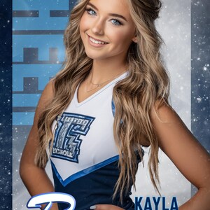 May include: A smiling young woman in a cheerleading uniform. The white and navy blue uniform has the school logo. The image includes the text "Cheer" and "Kayla Renner" in blue, and "2026 Senior". The background is a starry blue.