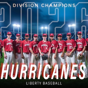 May include: A baseball team, the Liberty Hurricanes, poses for a photo in front of a stadium. They are wearing red and white uniforms with the team name and number on the front. The team is holding baseball bats and gloves. The photo is taken in front of a stadium with lights and a large 2023 sign in the background. The sign says "Division Champions" above the year.