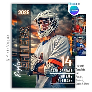 Modelo de banner de lacrosse para Canva | Fundo digital editável para pôsteres personalizados, banners para a noite dos veteranos e cartões esportivos.