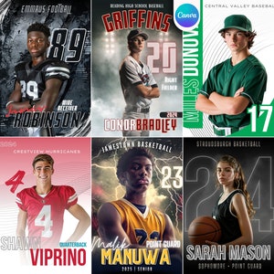 7 Canva Sports Templates Bundle Create Custom Posters, Senior Banners, Baseball Cards, Football & Basketball Backdrops, Photo Templates image 1